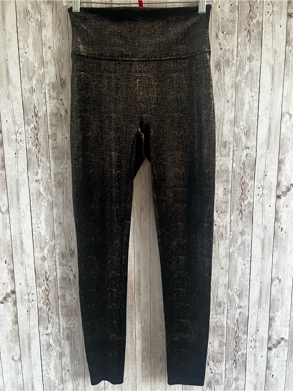 SPANX Black with Metallic Gold High-Waist Leggings Velvet Holiday Medium